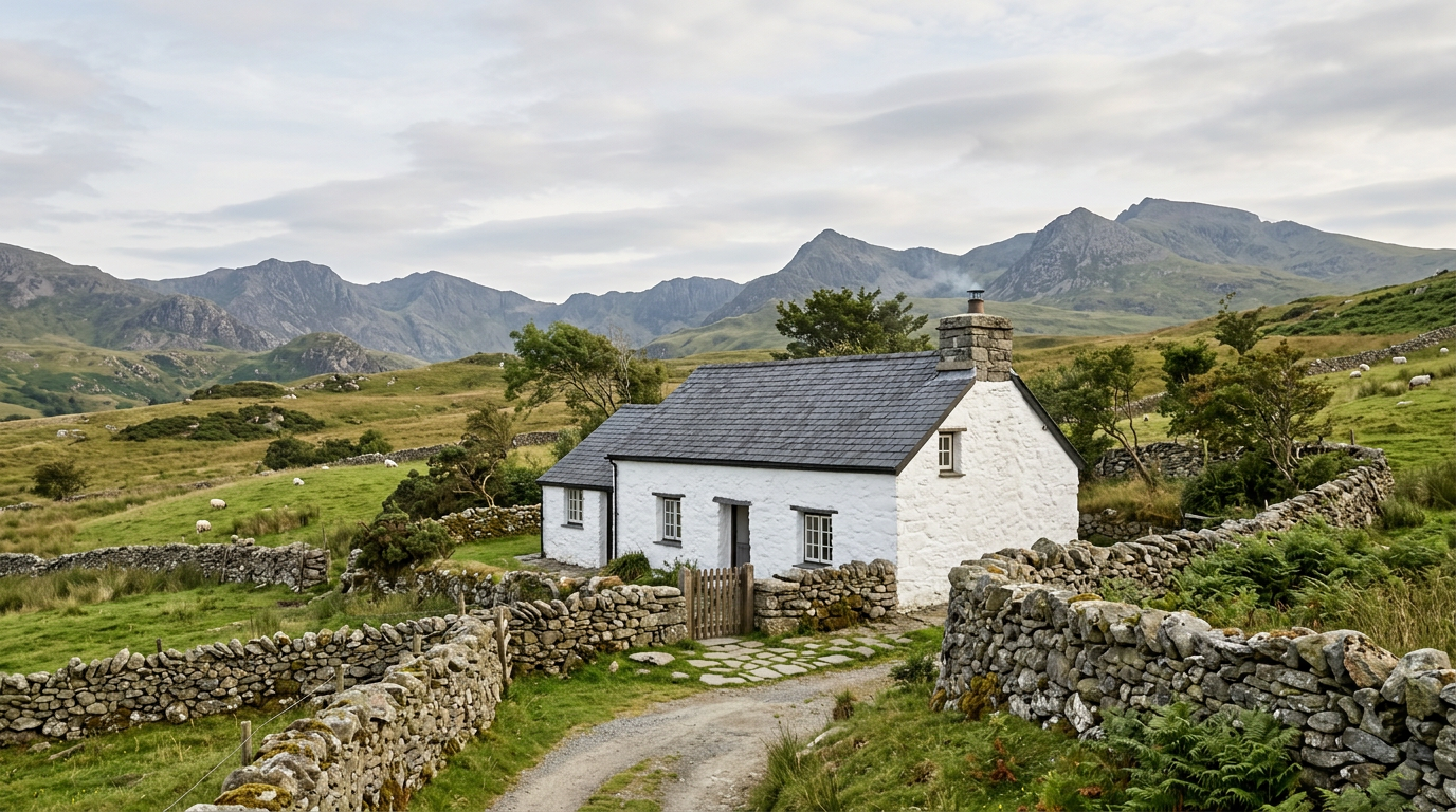 Stone Welsh farmhouse with slate roof and chimney in Snowdonia