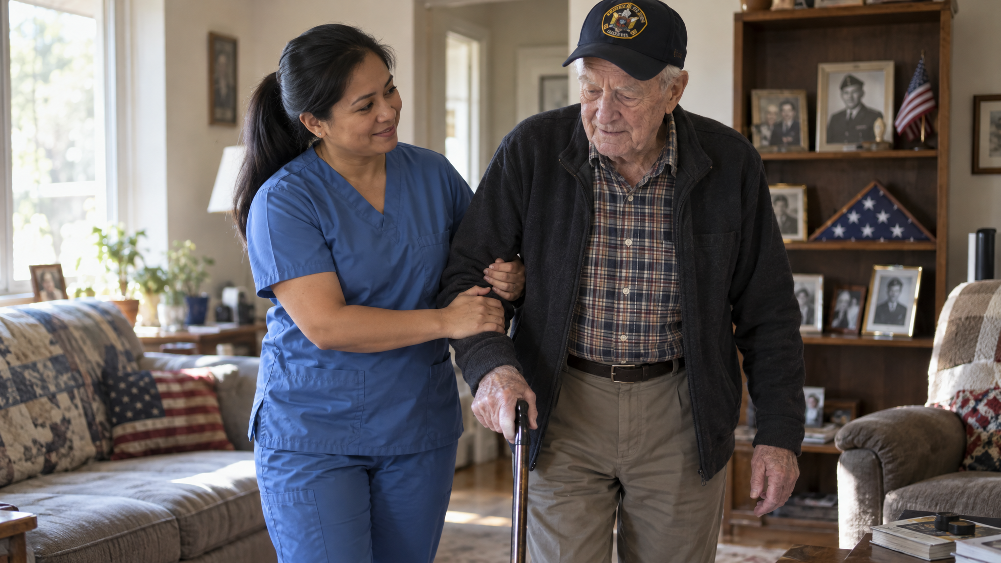 Housebound and aid and attendance: a home health aide helping an elderly veteran walk with his cane