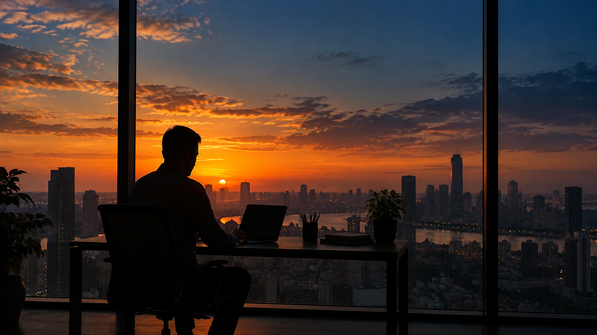 Pôr do sol visto de janela de escritório com silhueta de pessoa trabalhando