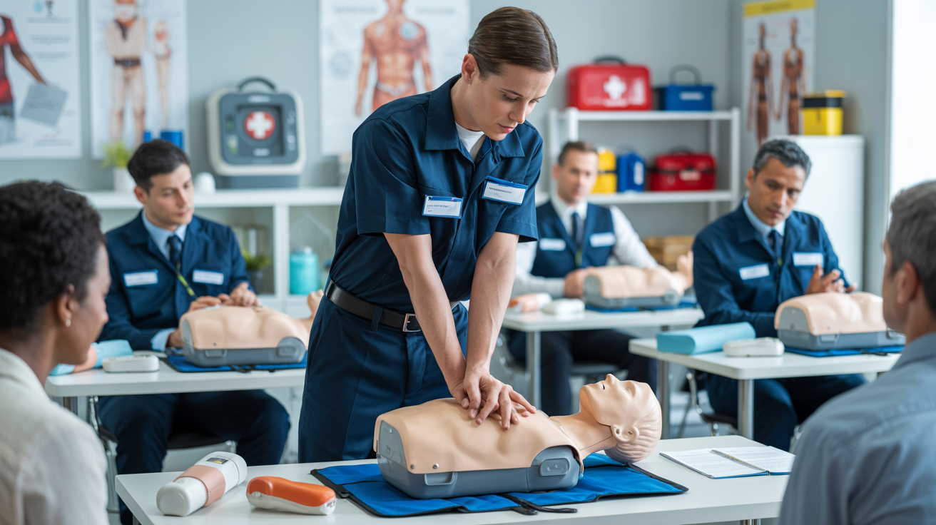 Instrutor de primeiros socorros dando aula prática para turma de alunos com materiais de primeiros socorros