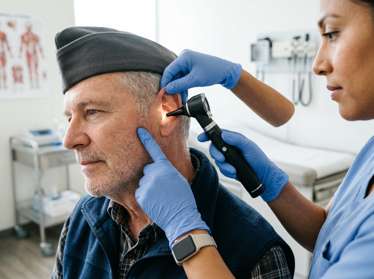 A clinician using an otoscope to examine a veteran's ear canal during an audiology evaluation