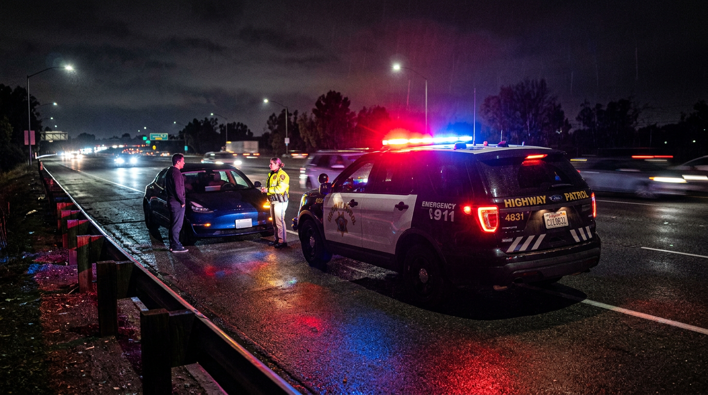 Emergency highway scene at night with patrol vehicle near stranded electric vehicle