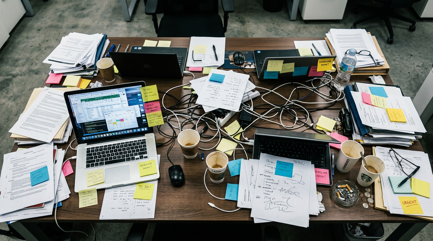 Vista aérea de mesa caótica coberta de papéis, laptops e notificações, representando a sobrecarga mental