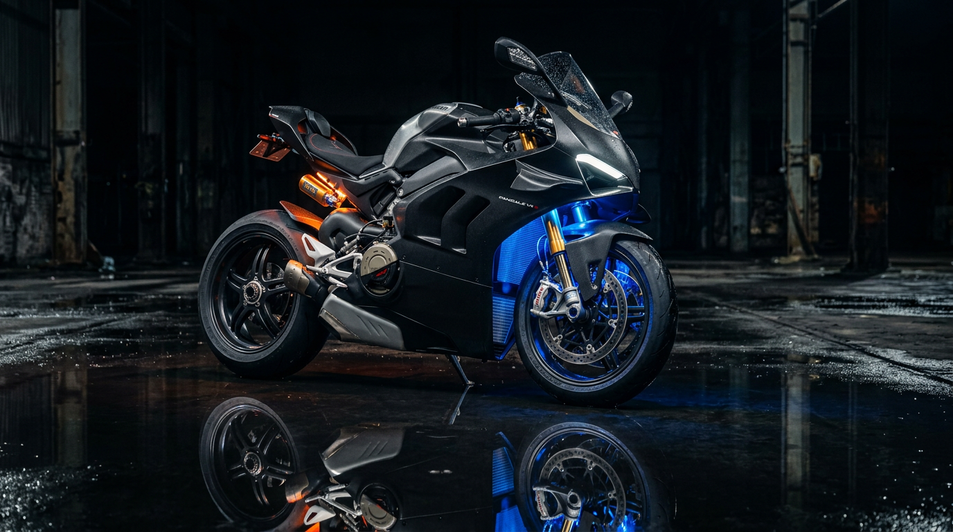 Moto deportiva moderna con iluminación dramática