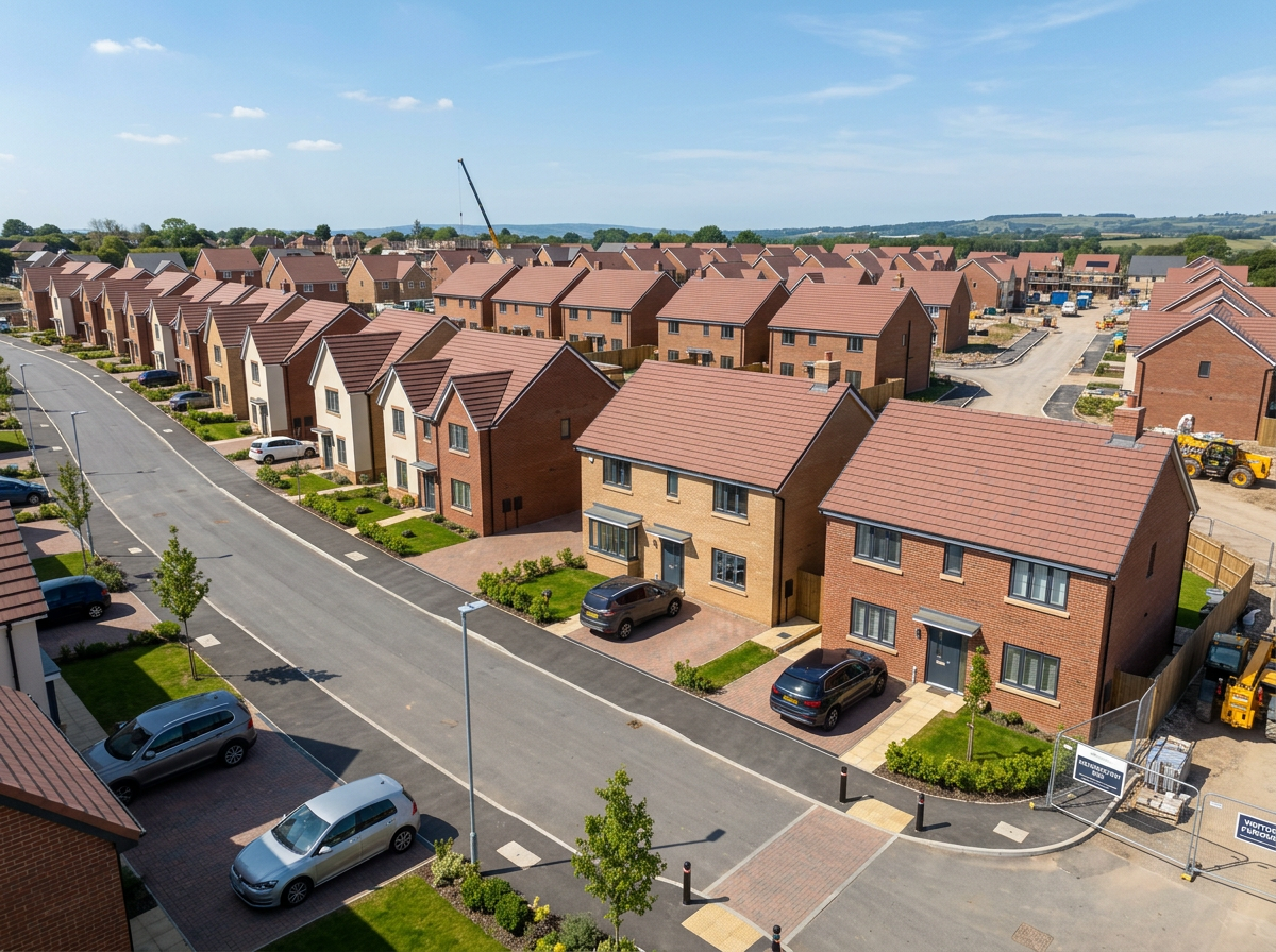 UK new-build housing development with new pitched roofs