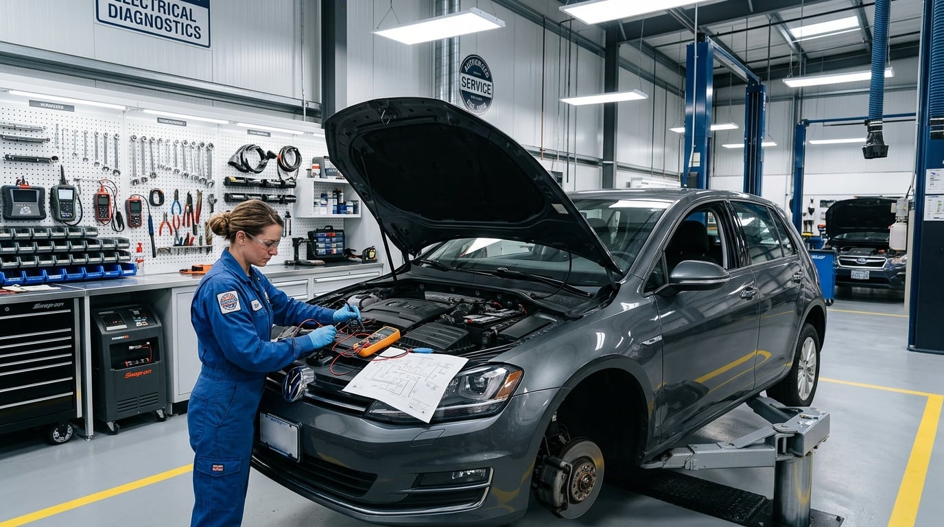 Mecânico trabalhando no sistema elétrico de um veículo na oficina Performance
