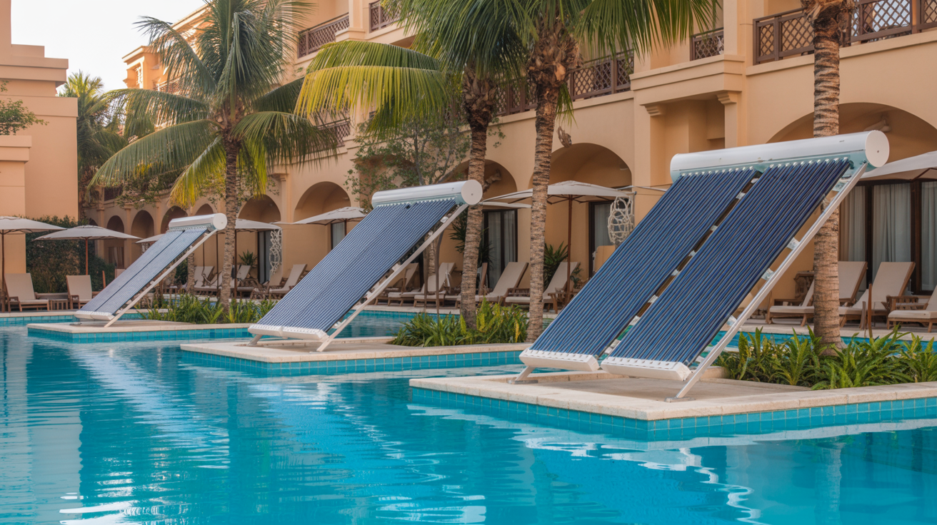 Área de alberca de hotel con calentamiento solar