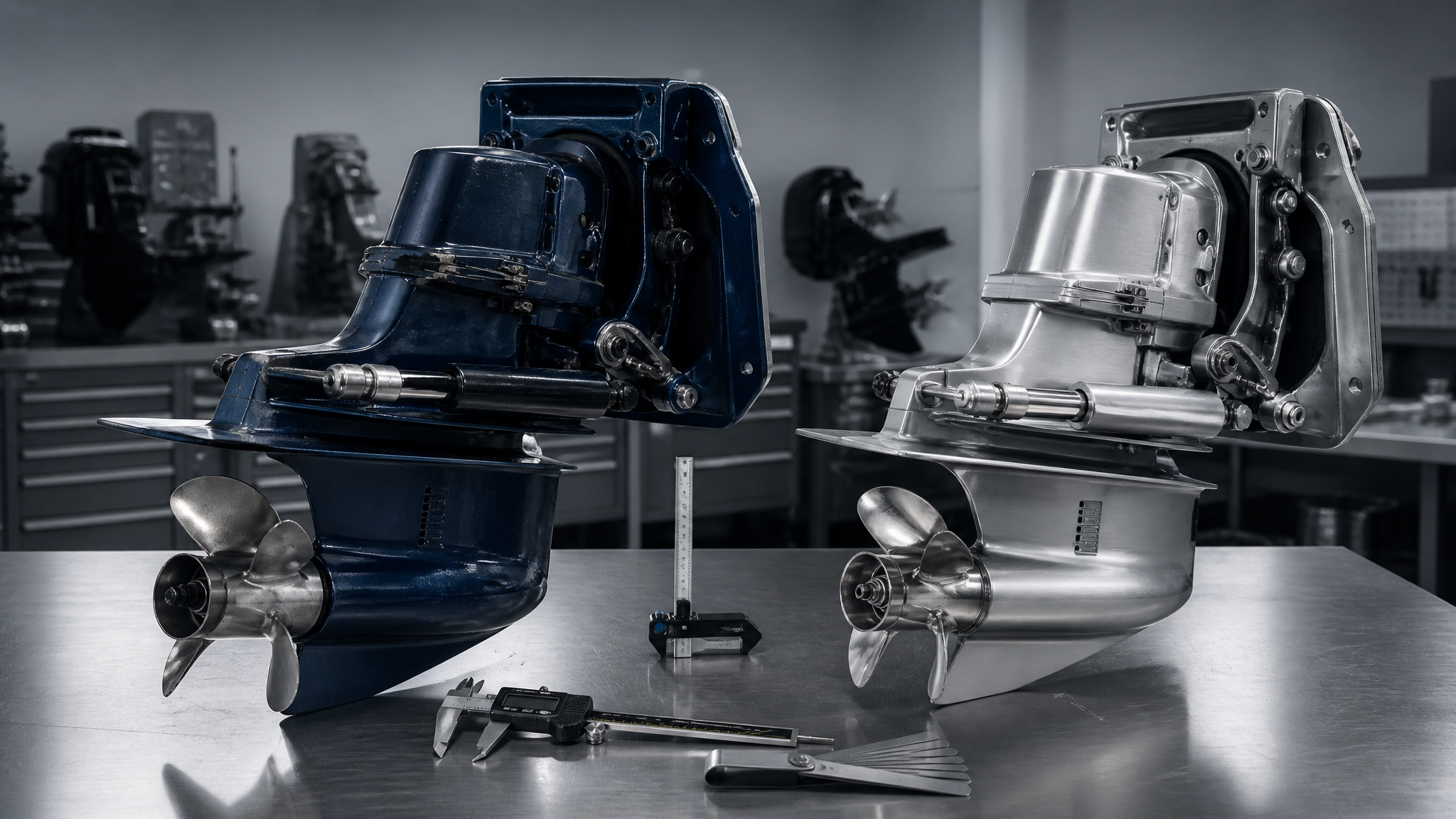 OMC Cobra to Alpha One Gen II conversion sterndrives displayed on a marine workshop bench