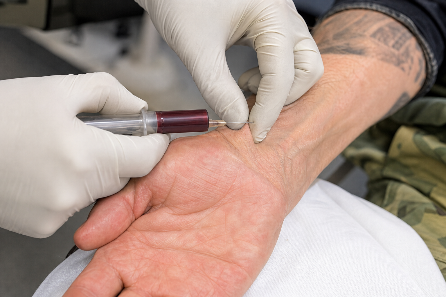 A clinician drawing an arterial blood gas sample from a veteran wrist during a respiratory evaluation in a clinical setting