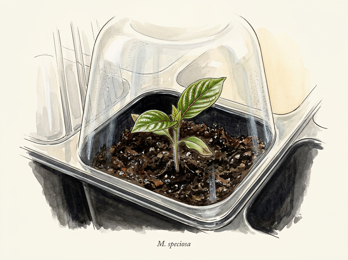 Illustration of a tiny kratom seedling with its first true leaves under a humidity dome