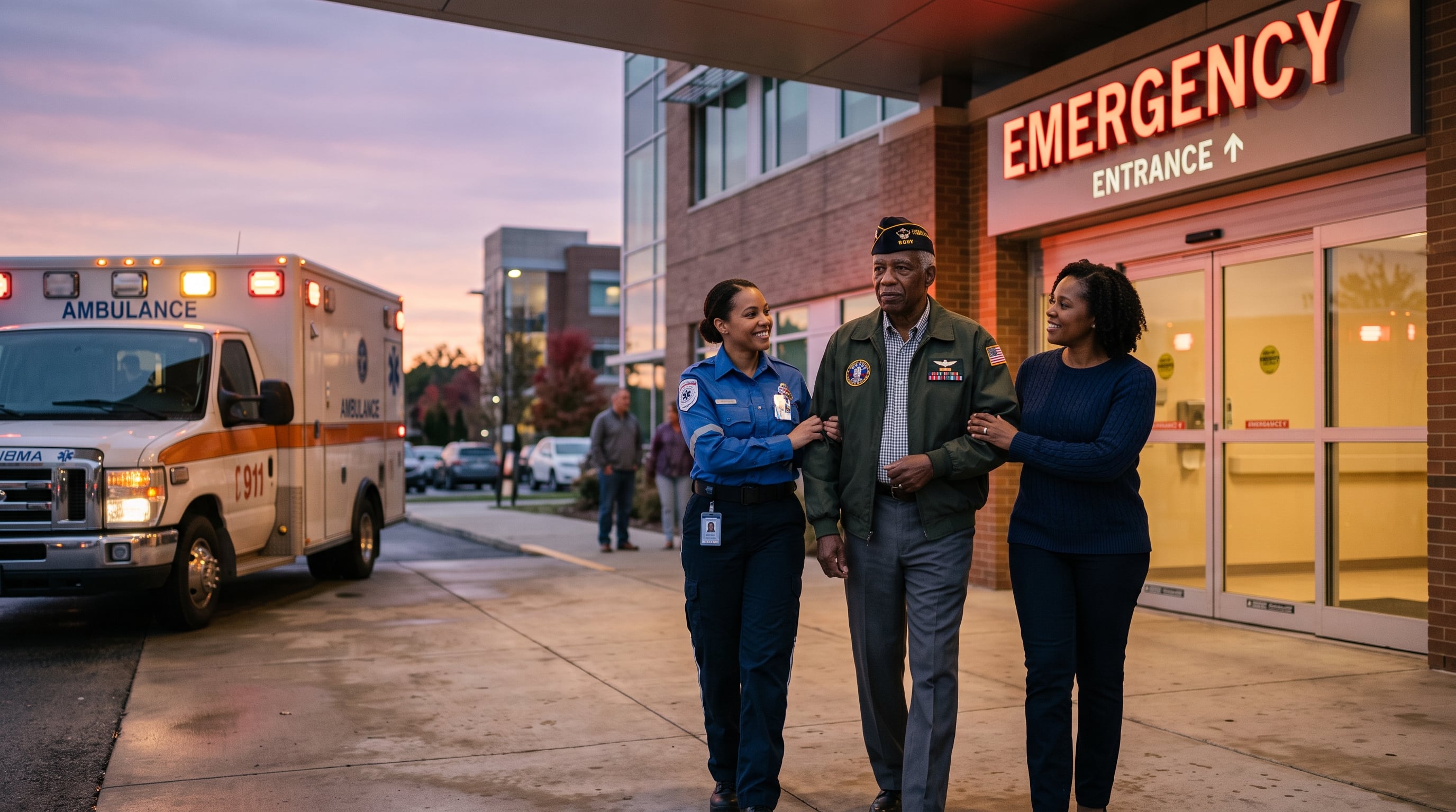 A senior veteran being calmly helped into a hospital emergency entrance at dusk by a paramedic and a family member
