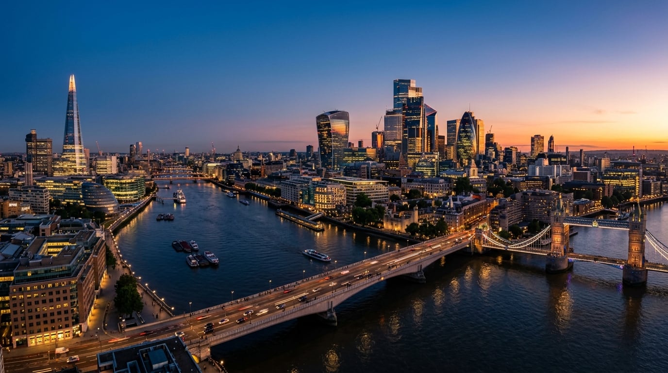 London skyline at dusk with the Thames and City skyscrapers