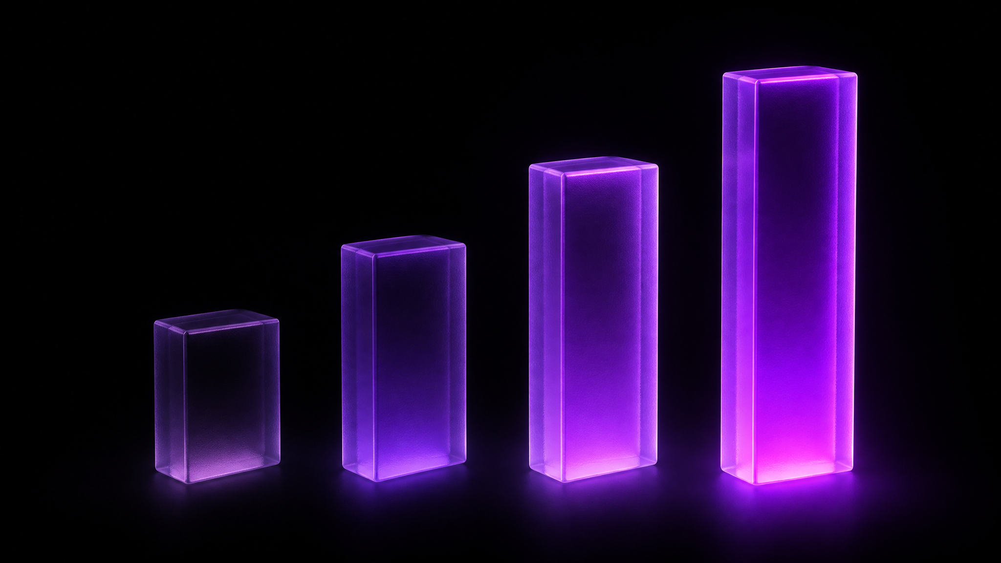 Four frosted violet glass bars of rising height floating in the dark, each glowing a brighter shade of violet than the last, representing rising monthly SEO pricing tiers