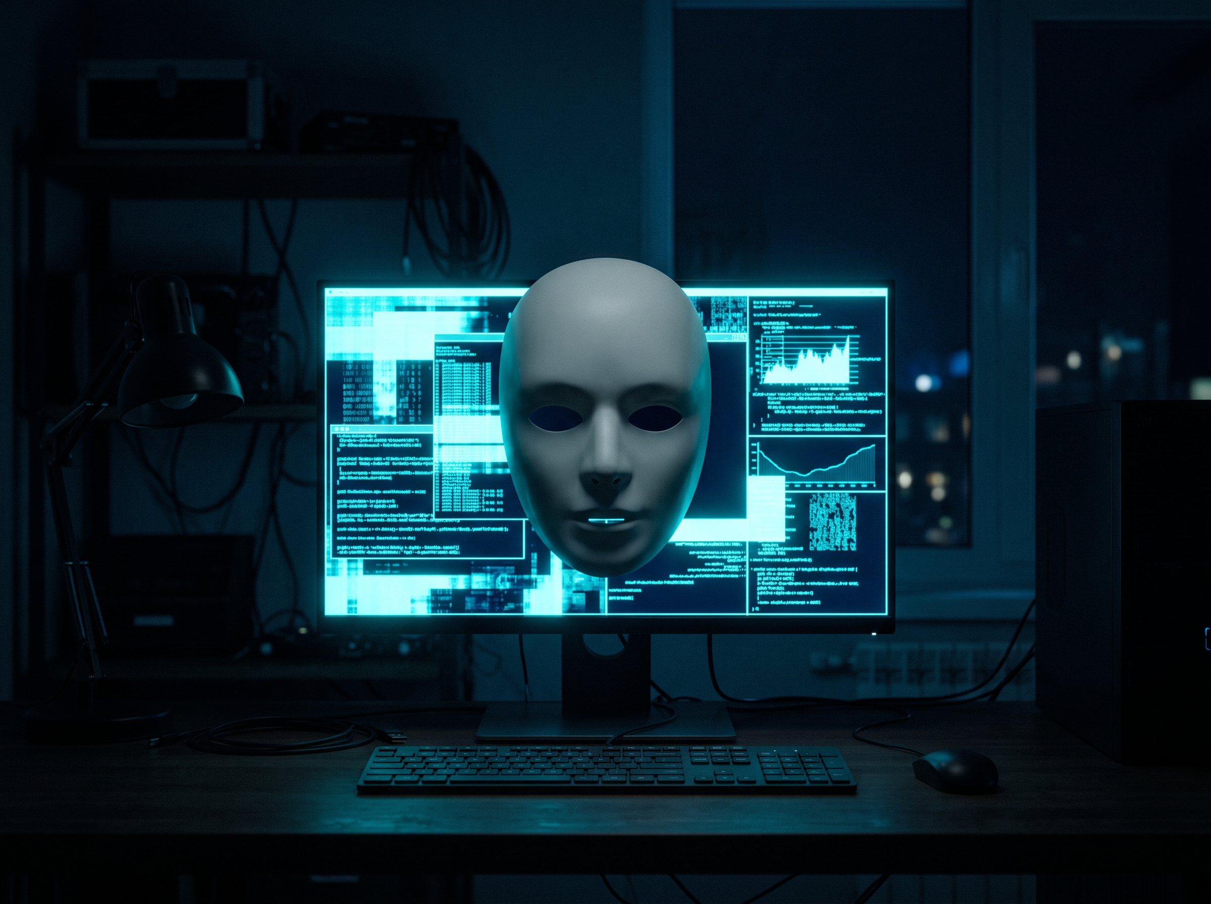 A neutral theatre mask floating in front of a glowing computer screen