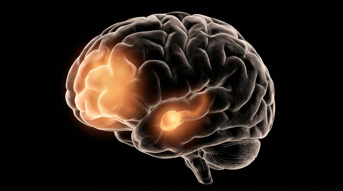 A detailed 3D anatomical render of a human brain on a black background, with the deep fear and worry circuitry glowing a warm amber-orange