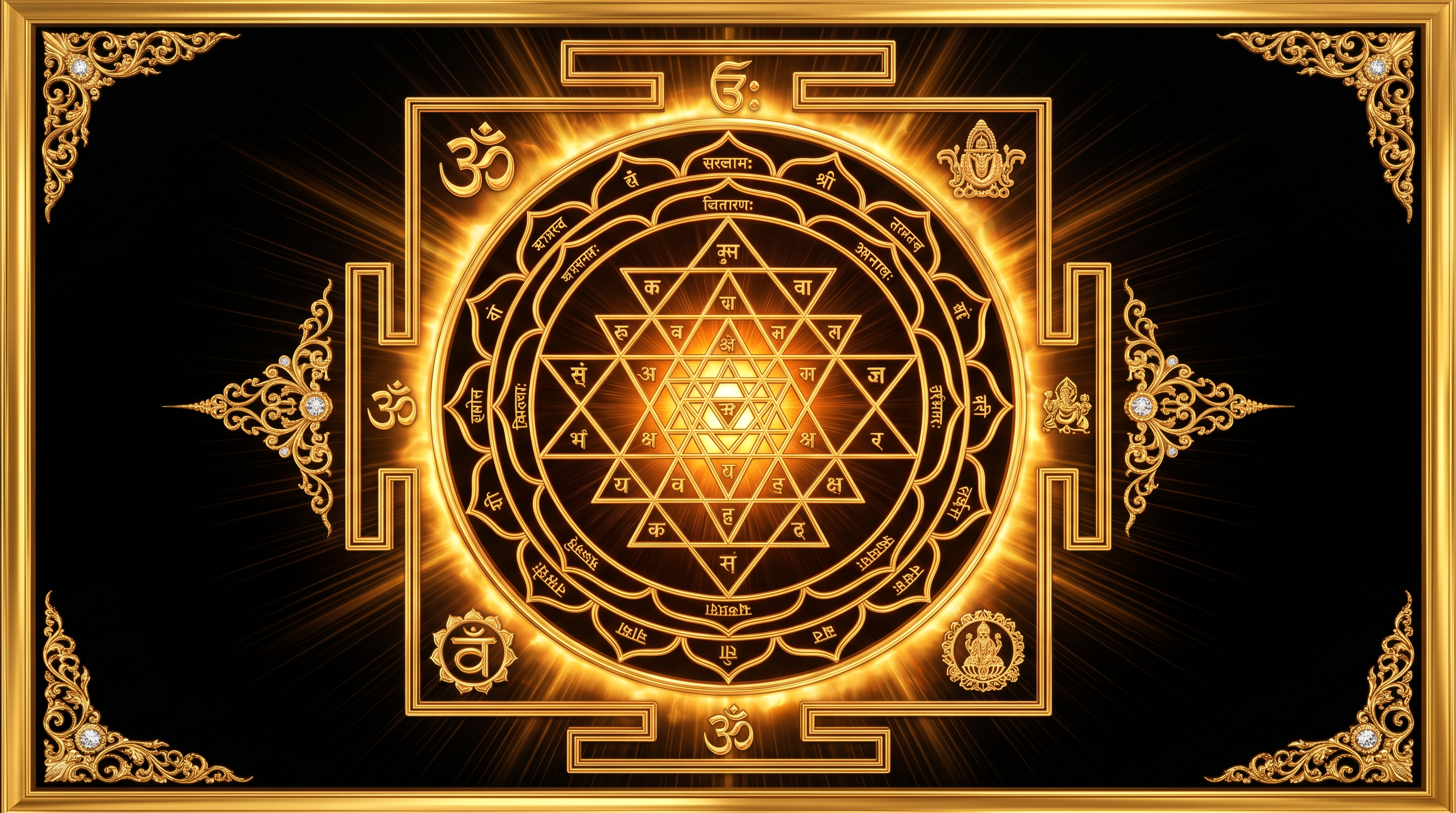 Golden astrological yantra on black background