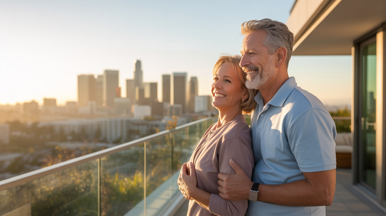 Happy couple enjoying their downsized home with city views