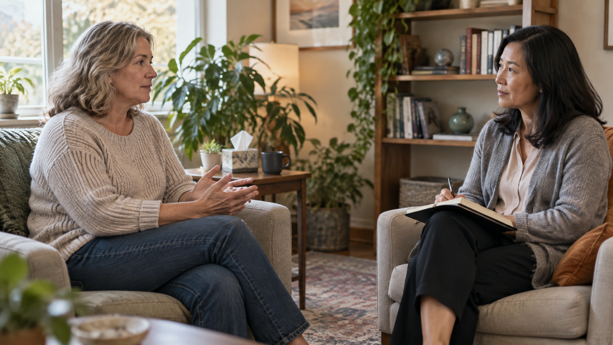 A woman veteran talking with a woman psychologist in a warm office filled with plants