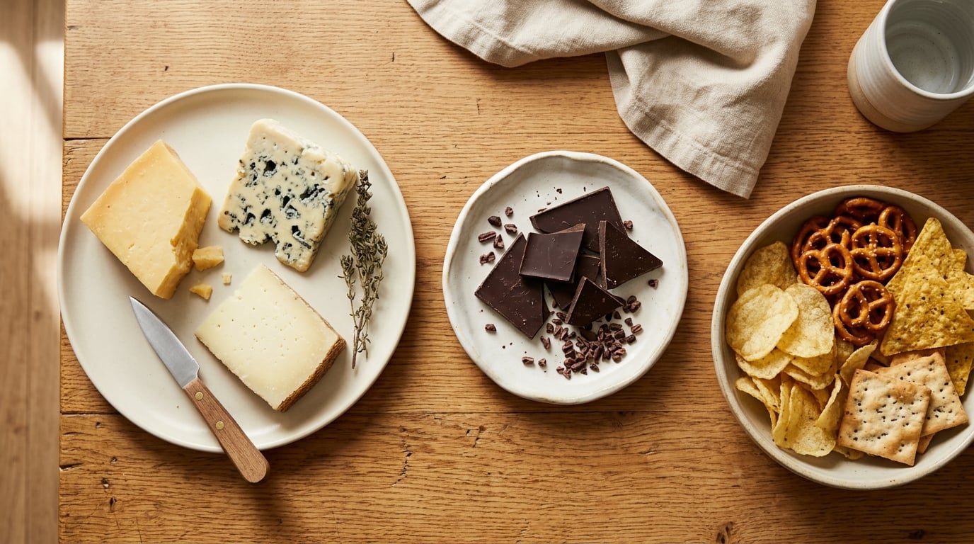 Common dietary migraine triggers such as aged and processed foods arranged on a table