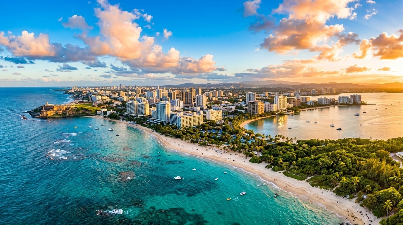 Aerial view of Puerto Rico coastline at golden hour
