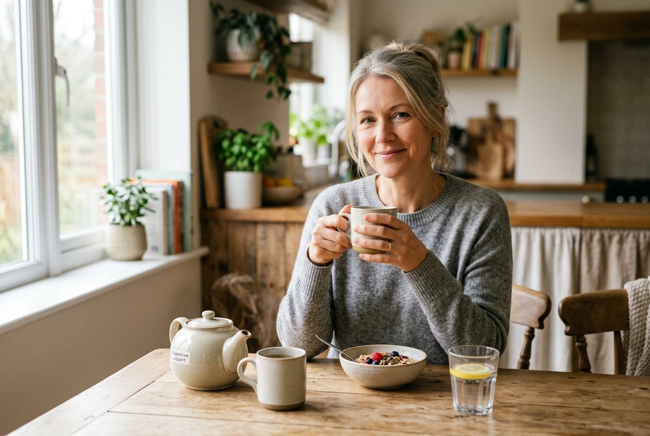 A calm, comfortable adult at home after recovering from H. pylori treatment