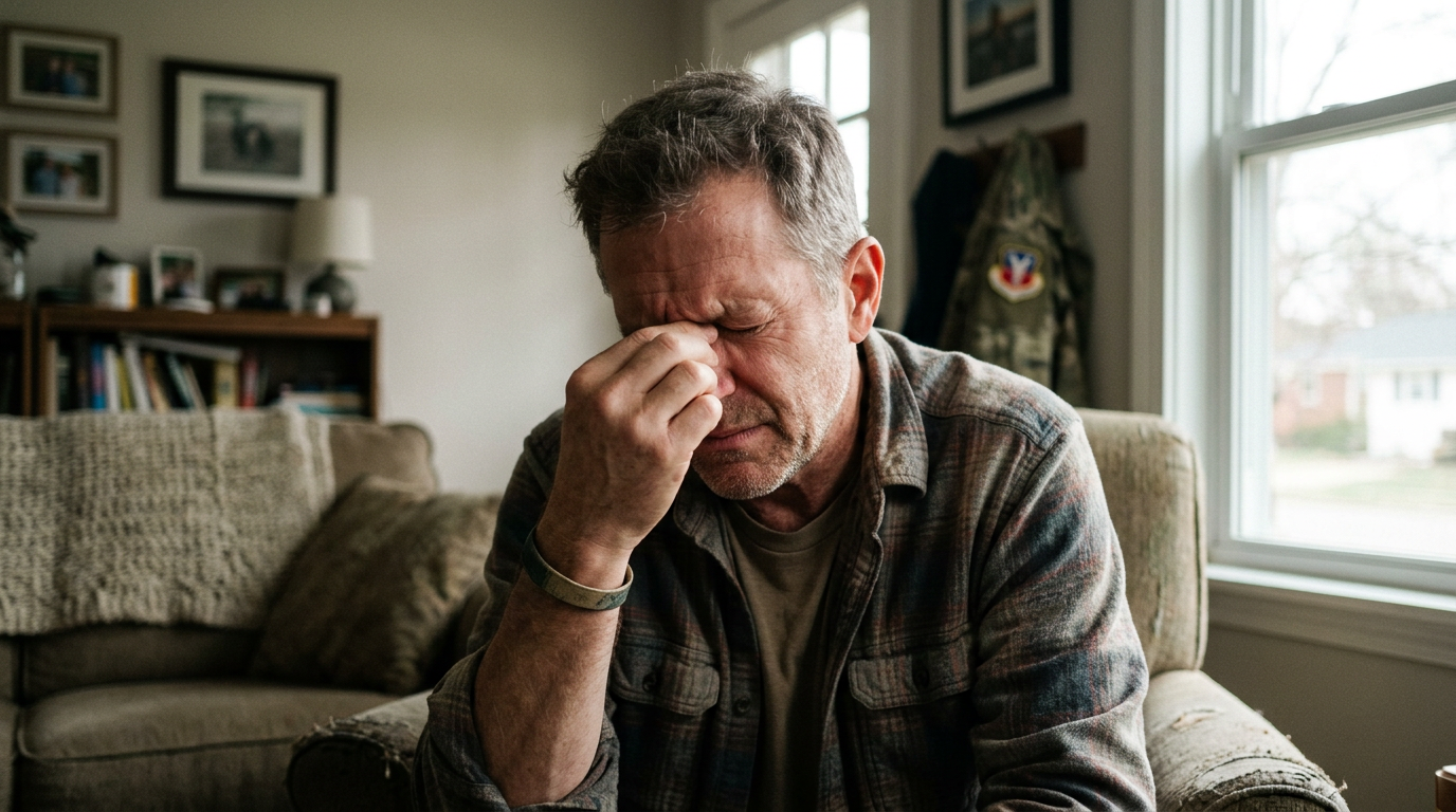 White male veteran in his late fifties pressing his fingers to the bridge of his nose with a pained expression from sinus pressure in his living room