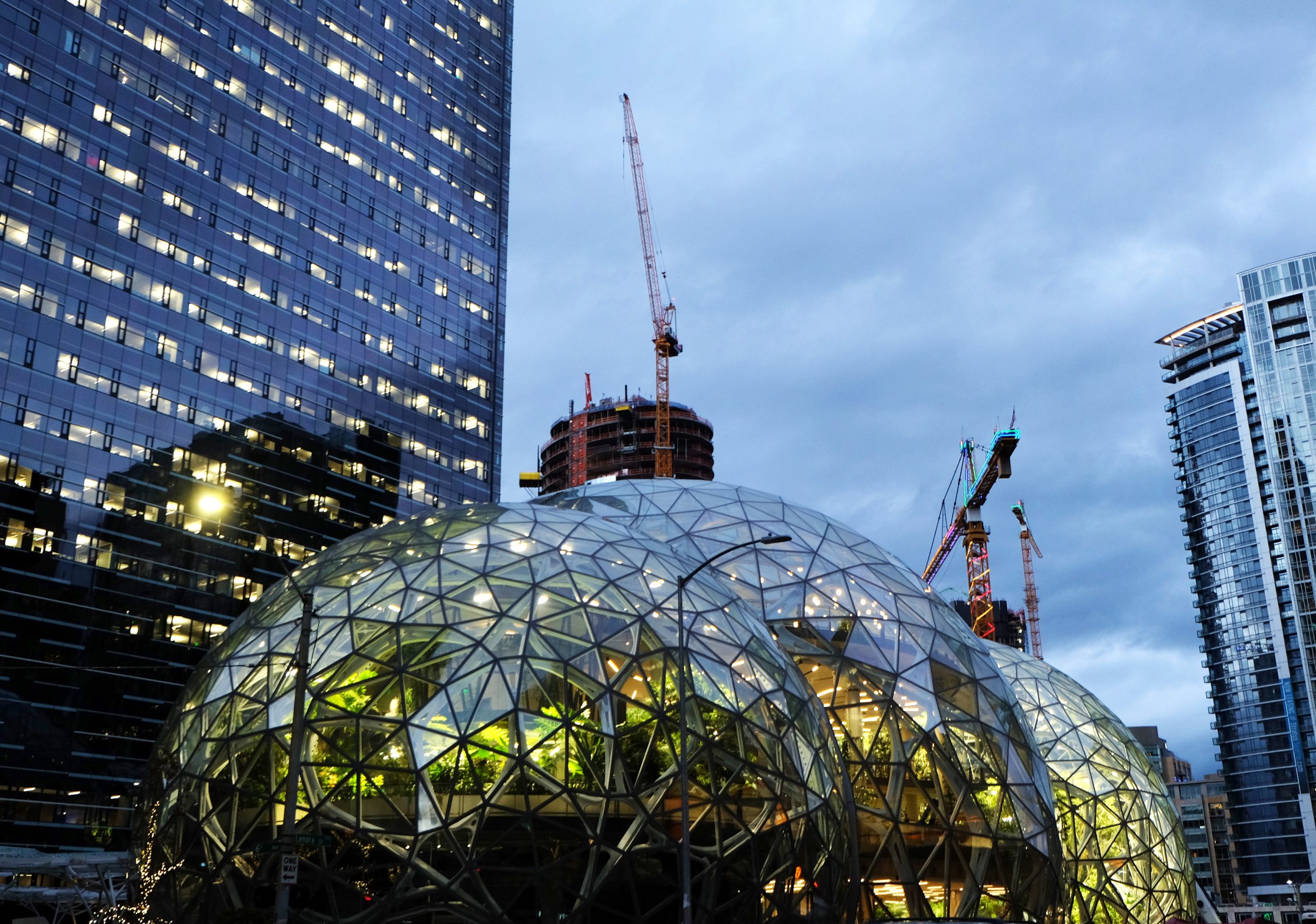 South Lake Union Seattle neighborhood near Amazon headquarters with modern buildings and urban streetscape