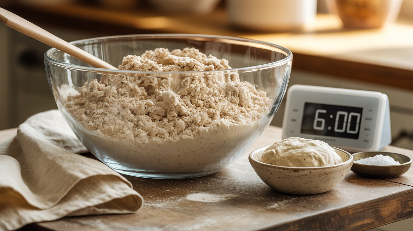 Glass mixing bowl with a shaggy unmixed flour and water mixture resting during autolyse, alongside a kitchen timer at 60 minutes, a small bowl of bubbly ripe sourdough starter, a folded linen cover, and a small dish of coarse salt on a rustic wooden surface