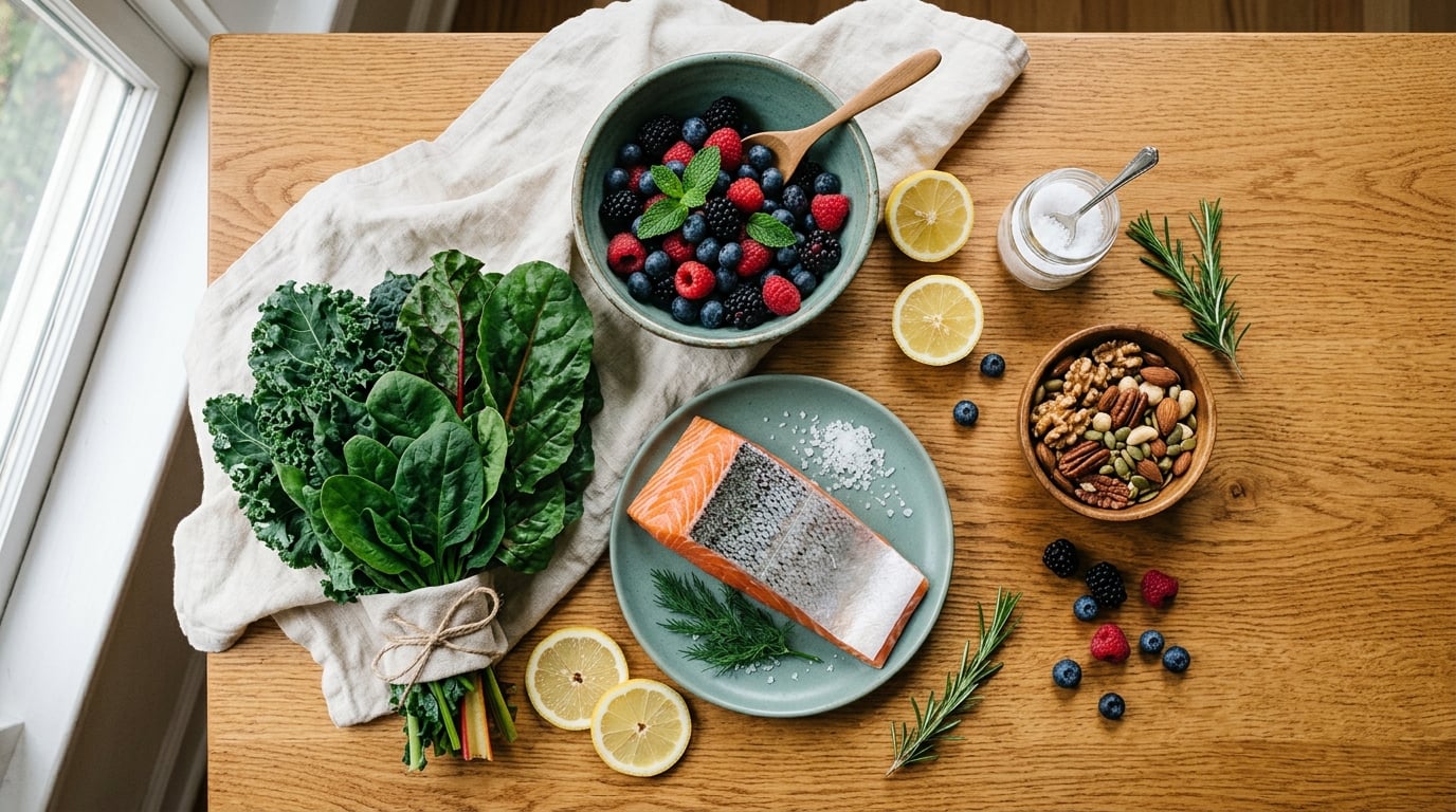 Fresh, mood-supporting whole foods arranged brightly on a table