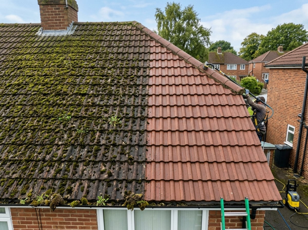 Moss and debris removal from a tiled roof