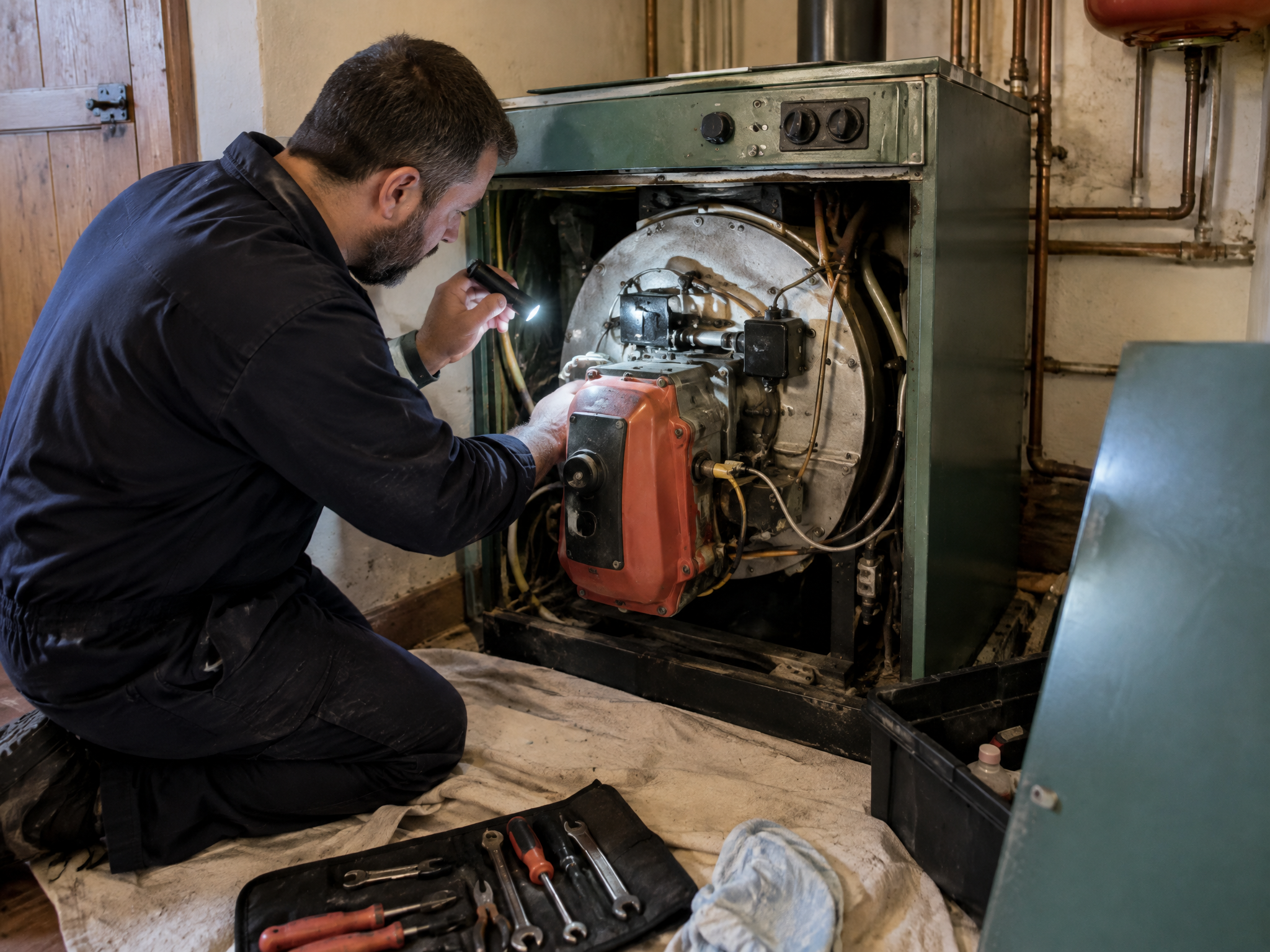 Engineer inspecting the burner of an oil-fired boiler