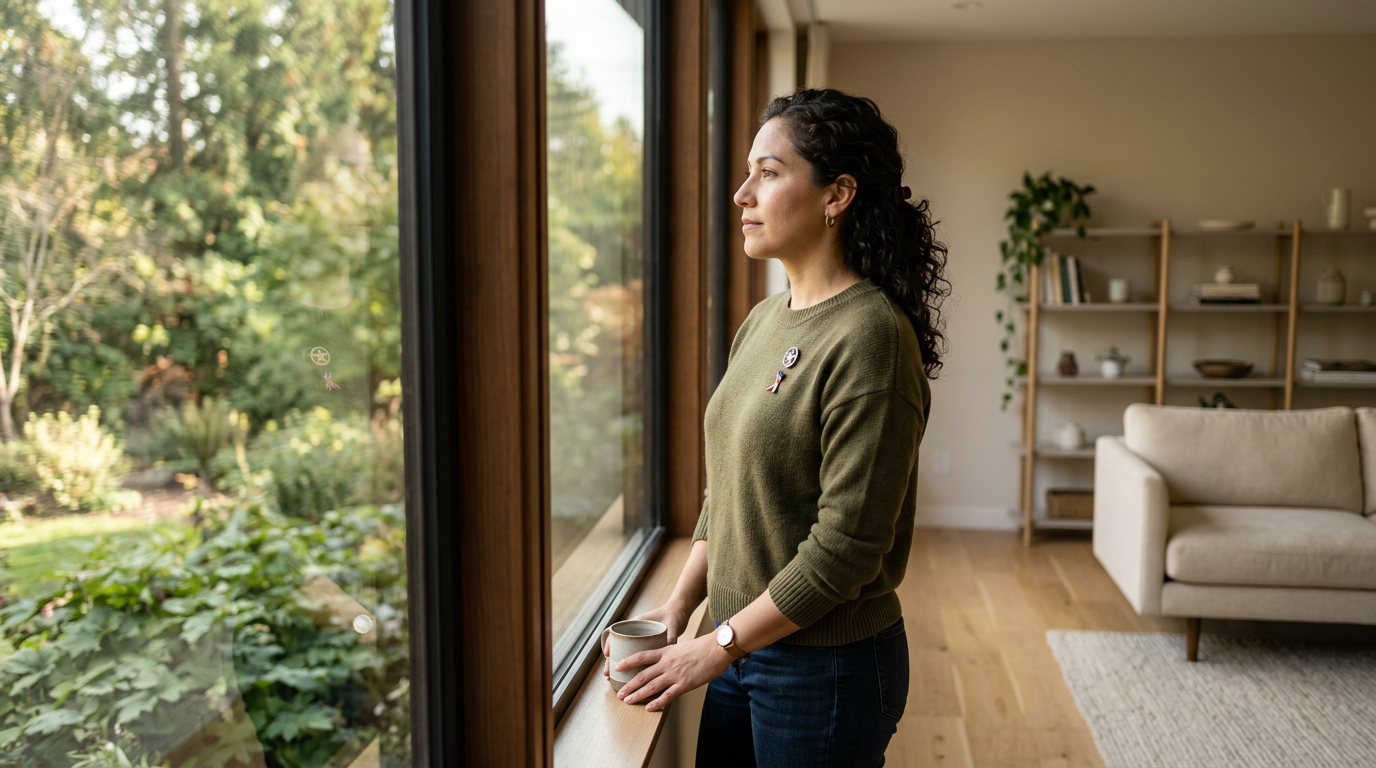 Hispanic woman veteran in her 30s standing near a window looking thoughtful in soft daylight