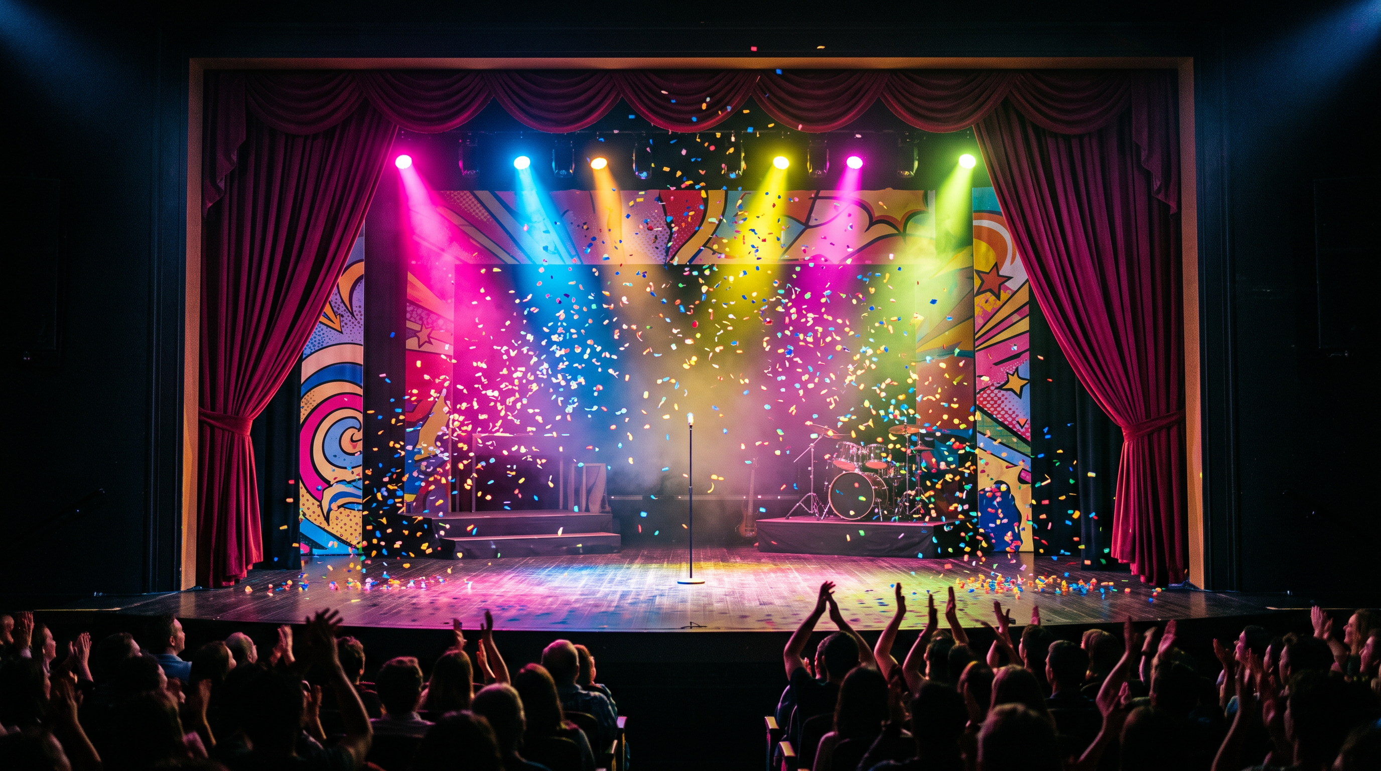 Vibrant theatre stage with colorful spotlights and confetti