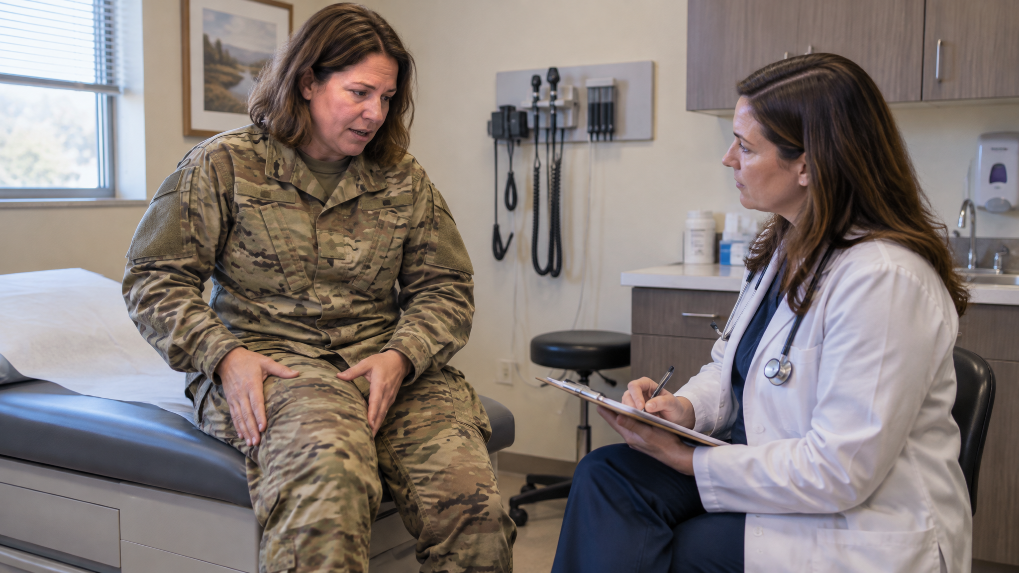 Woman veteran in her 40s in an Army OCP jacket gesturing to the front of her thigh describing weakness while a clinician takes notes