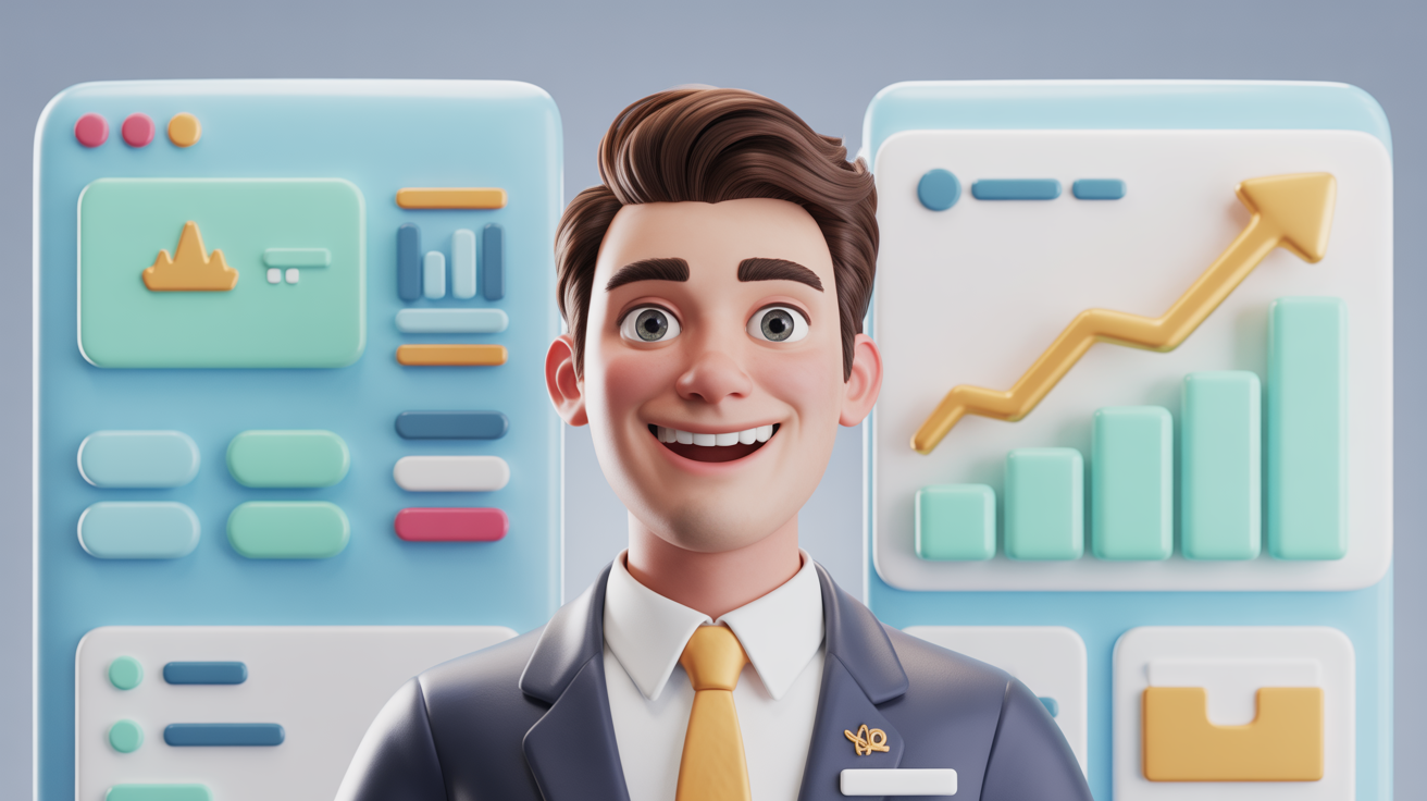 After: Calm business owner with clean dashboard and rising sales