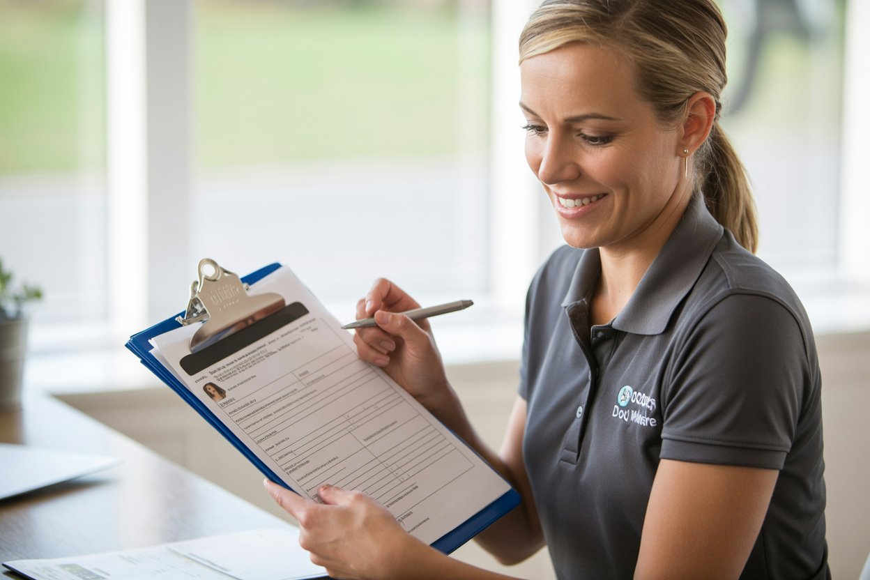 Professional dog walker reviewing background check paperwork with clipboard