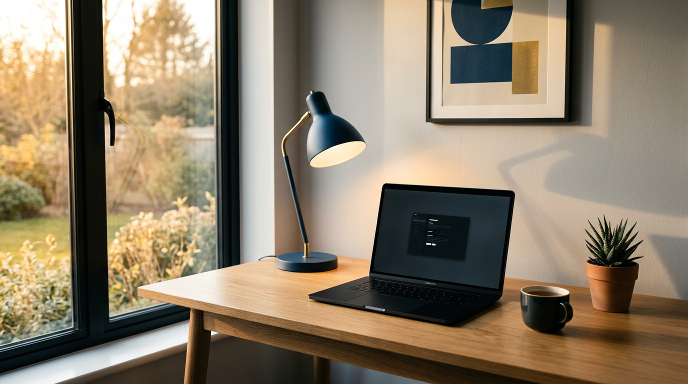 Workspace calmo no golden hour com tarefa única na tela