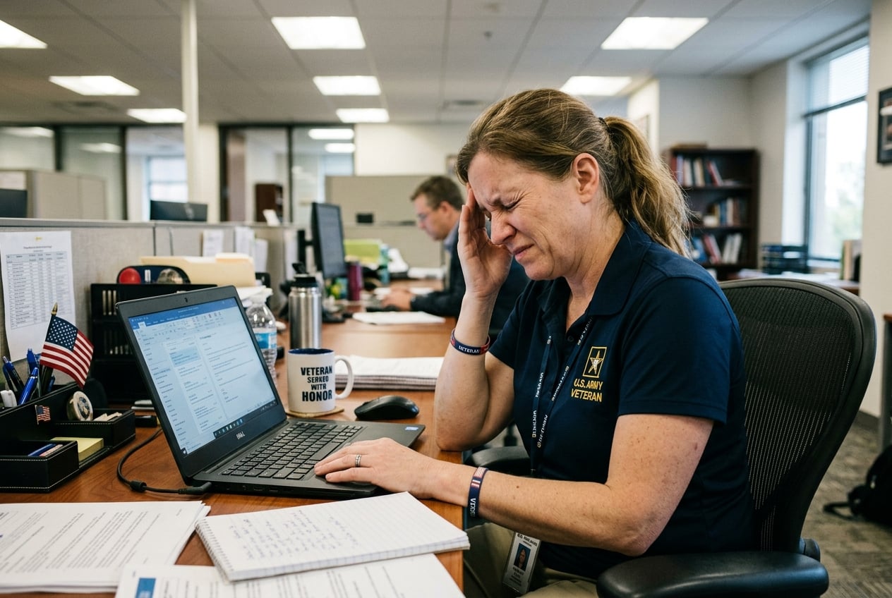 A woman veteran pushing through a migraine at her office desk