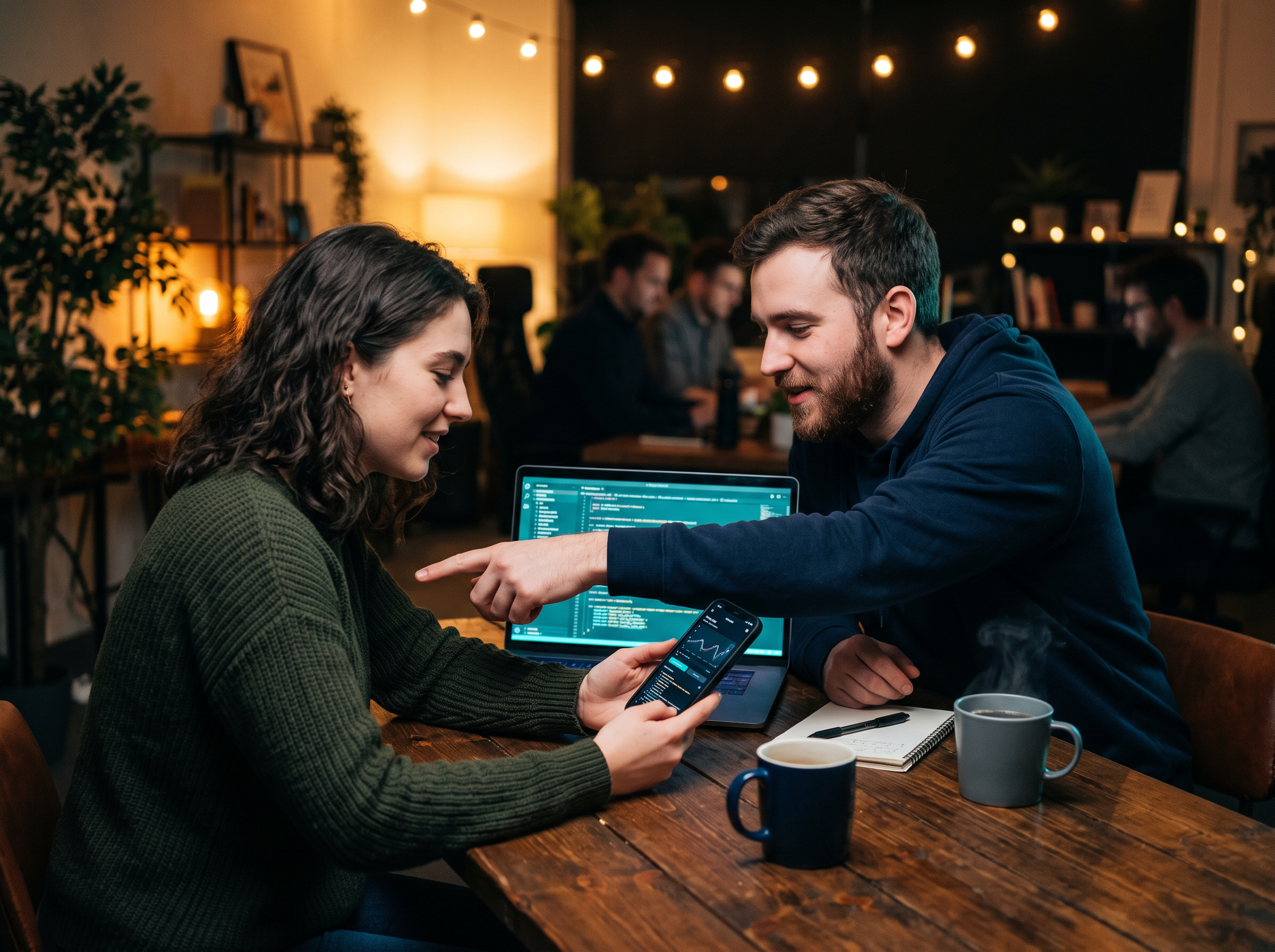 Two developers reviewing a mobile app over coffee