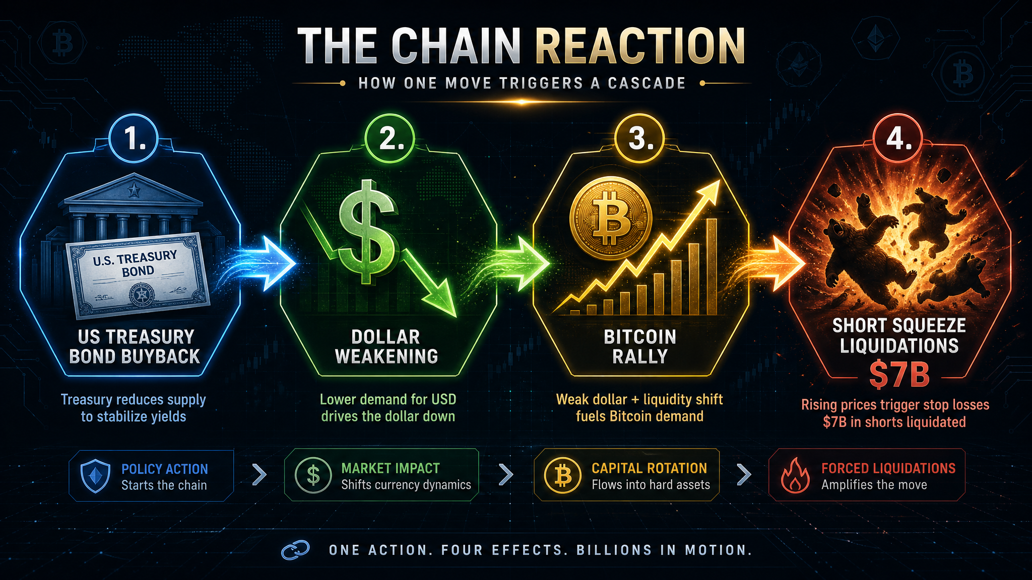 Chain reaction diagram showing US Treasury bond buyback leading to Bitcoin short squeeze rally and $7 billion in liquidations August 2026
