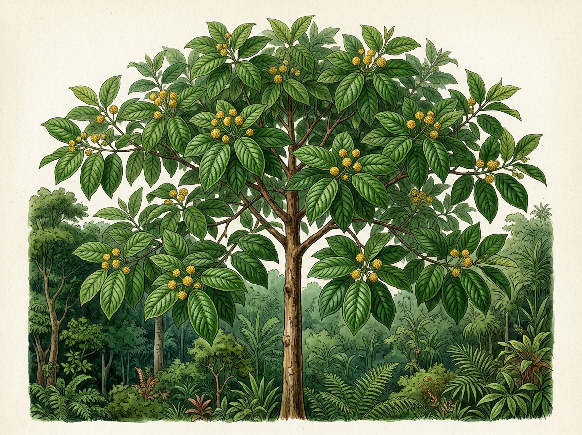 Illustration of a mature kratom tree with a broad canopy and round yellow flower heads