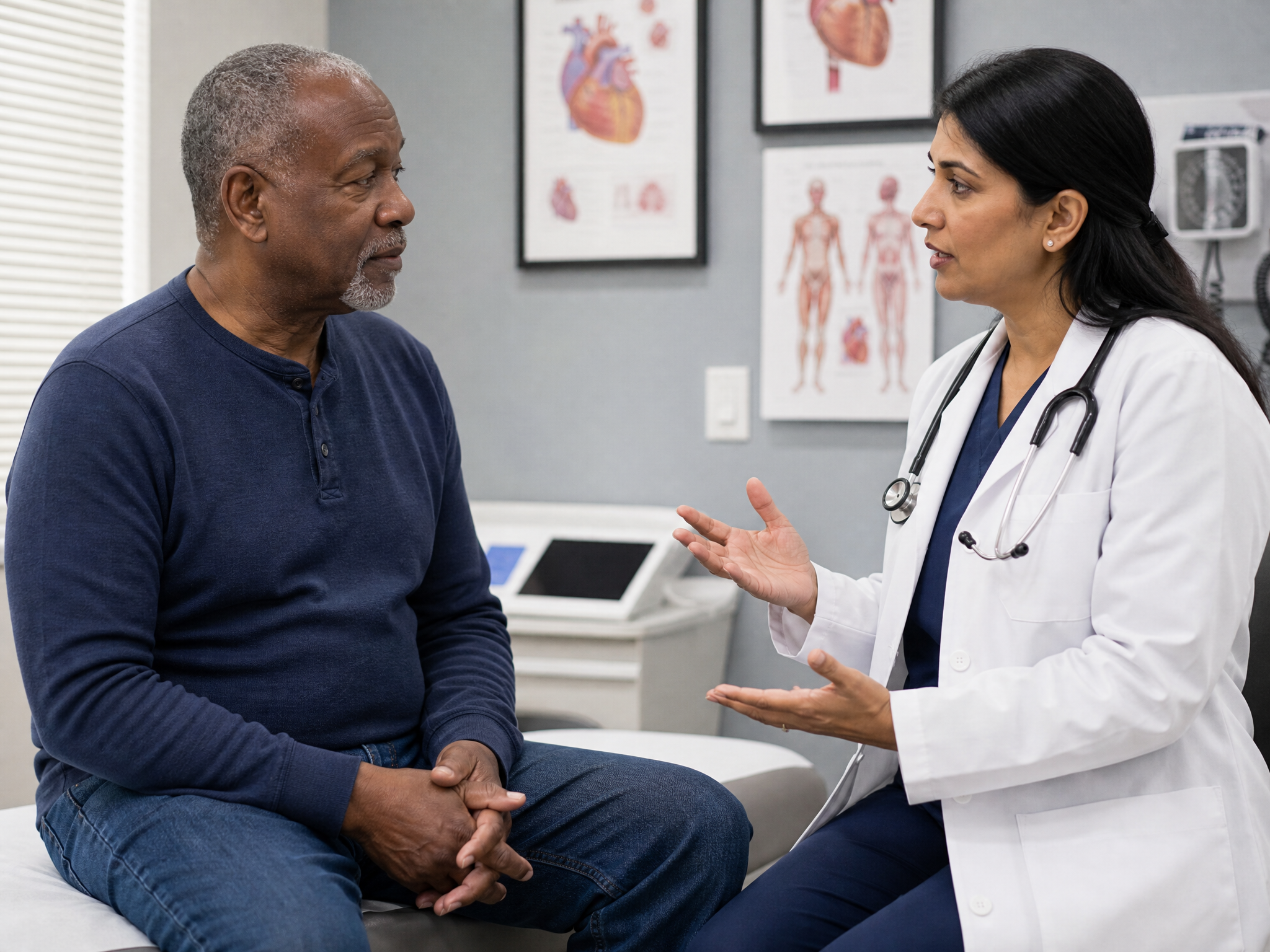 Black male veteran in his 60s consulting with a South Asian female cardiologist in a medical exam room as she explains treatment options
