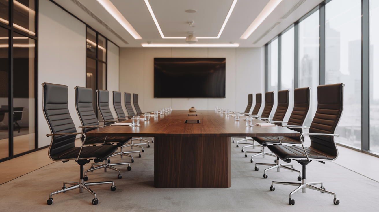 Modern boardroom with conference table and city view