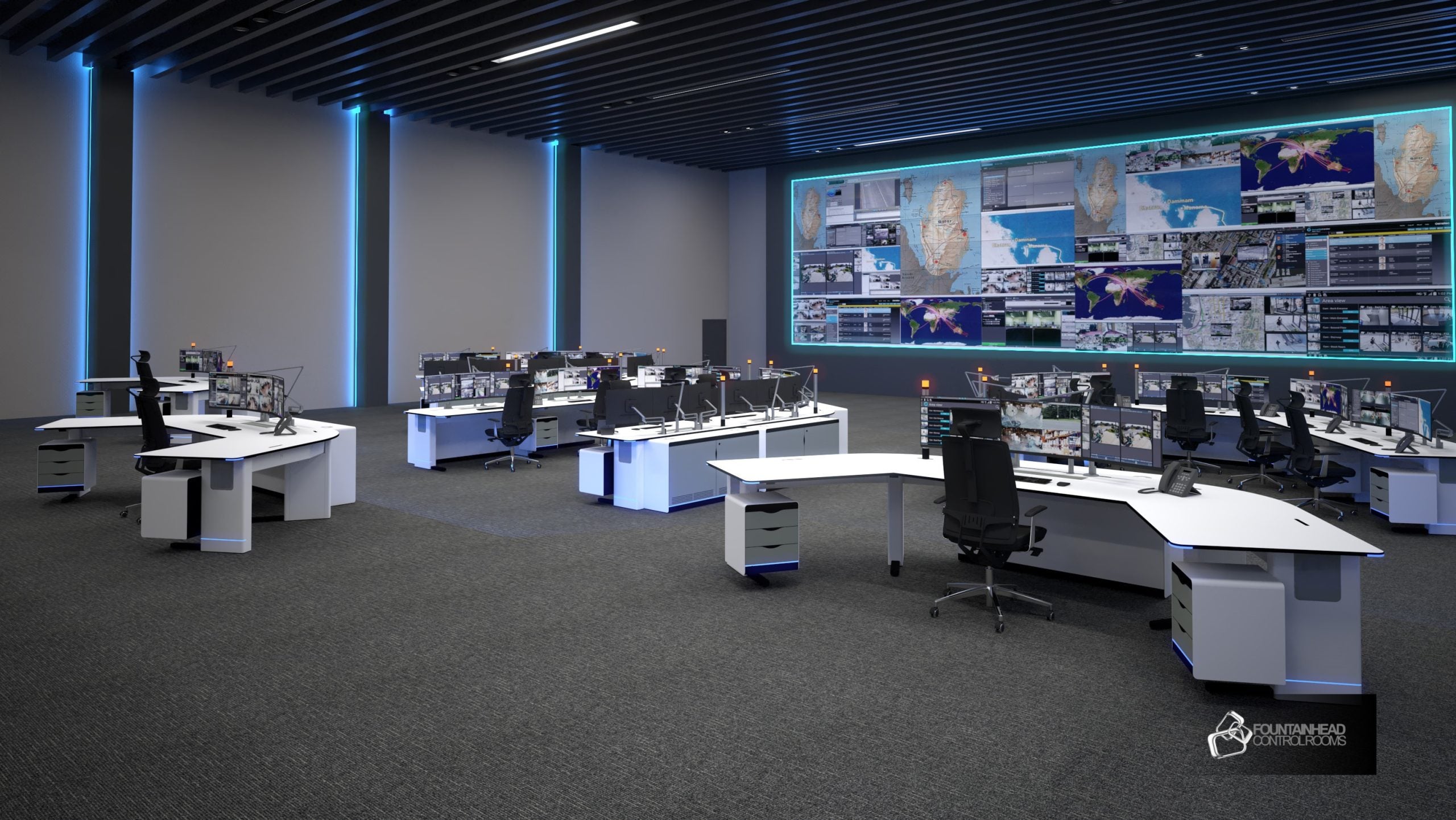 Modern control room with digital monitoring screens for oil and gas operations