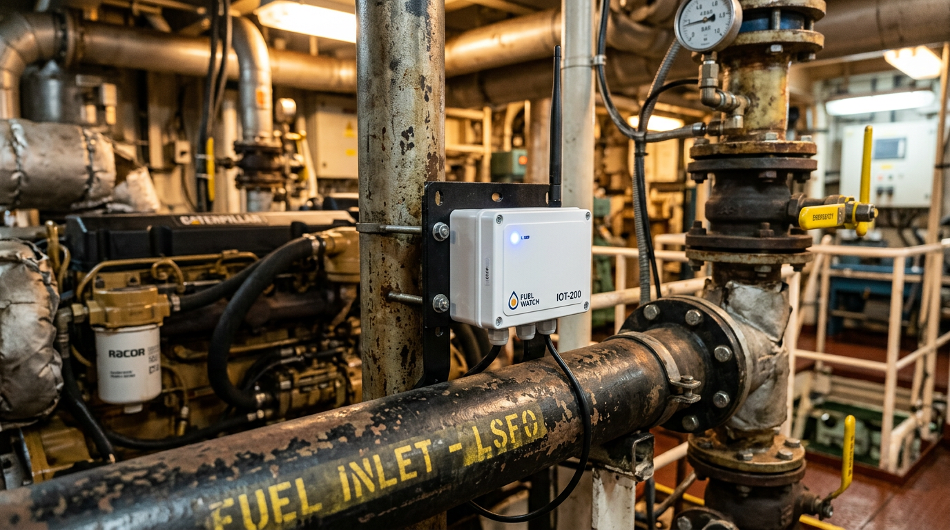 Smart IoT sensor device installed on marine fuel line for real-time monitoring
