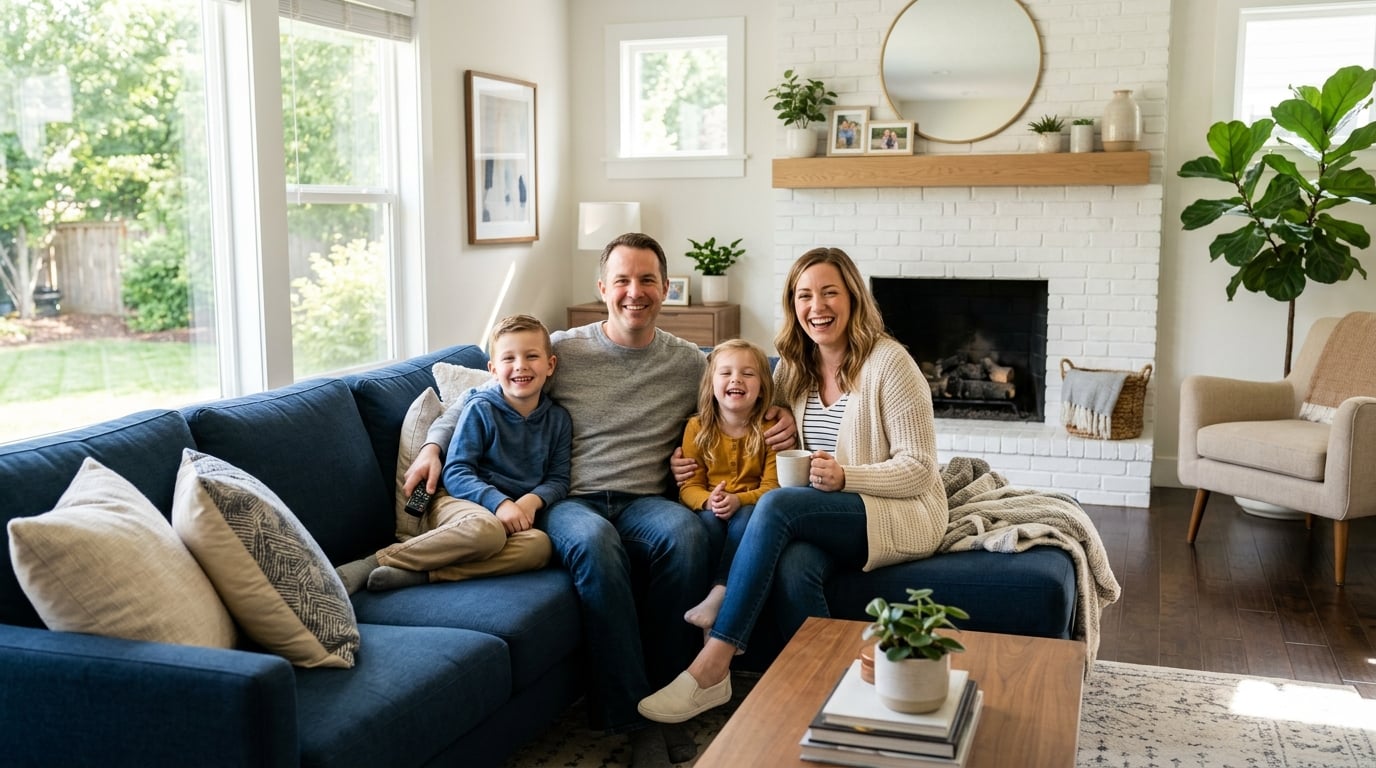 Happy family relaxing in their clean home, enjoying quality time together
