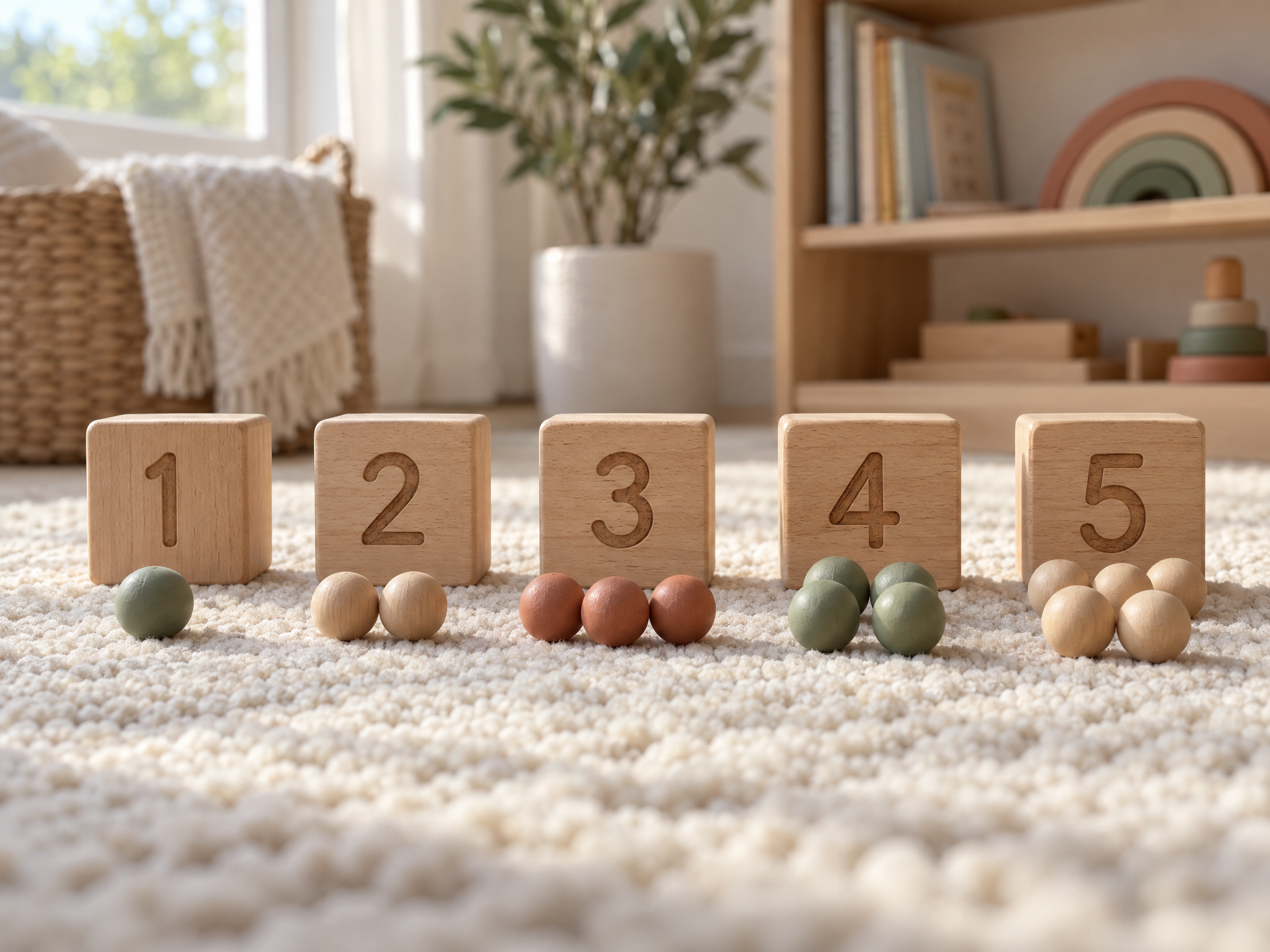 Wooden counting blocks numbered one to five