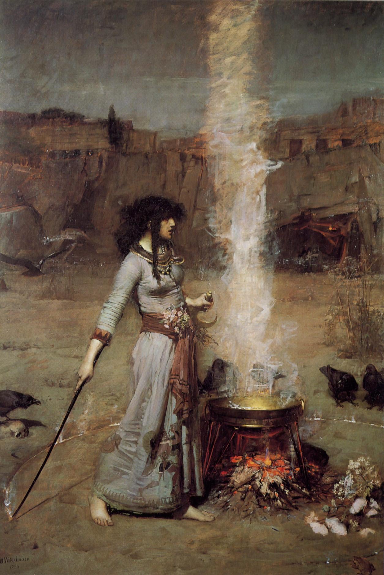 John William Waterhouse, The Magic Circle, 1886: a robed woman tracing a circle on the ground with a wand