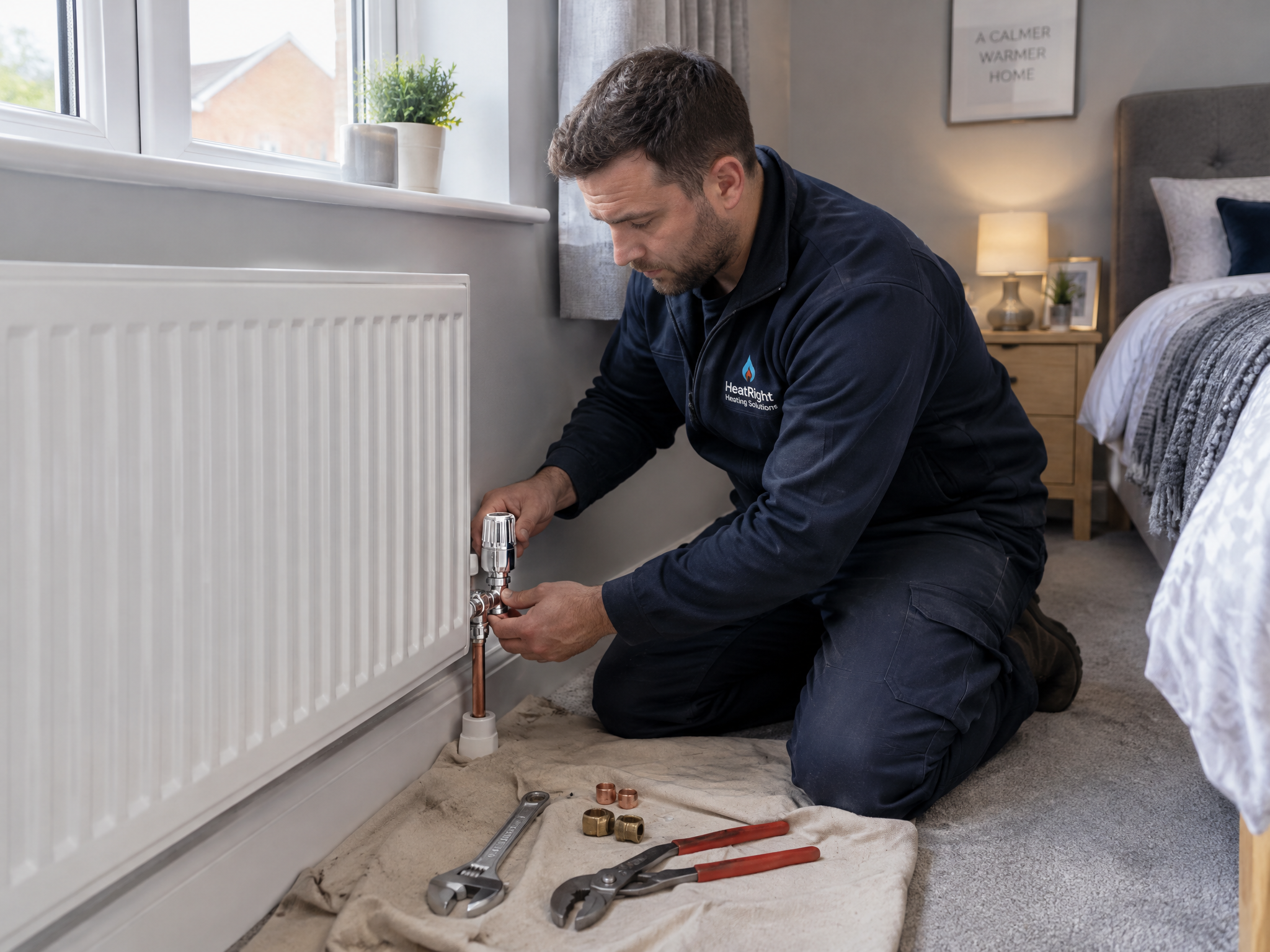 Heating engineer fitting a thermostatic radiator valve in a UK home bedroom