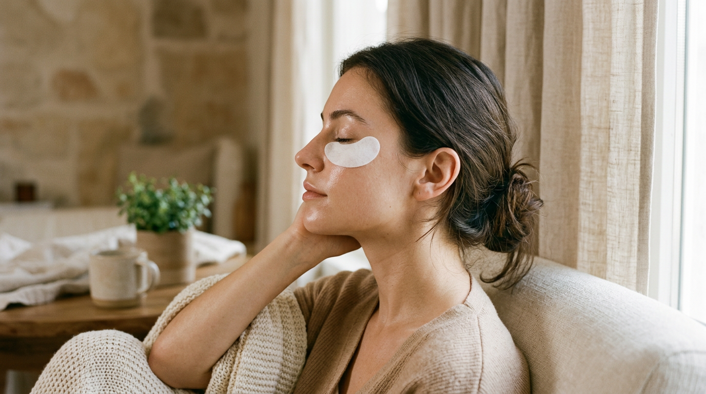 Woman relaxing with CBD eye patches applied in a serene self-care ritual